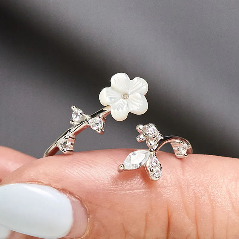 Buddha Stones 925 Sterling Silver White Flower Design Adjustable Blessing Ring