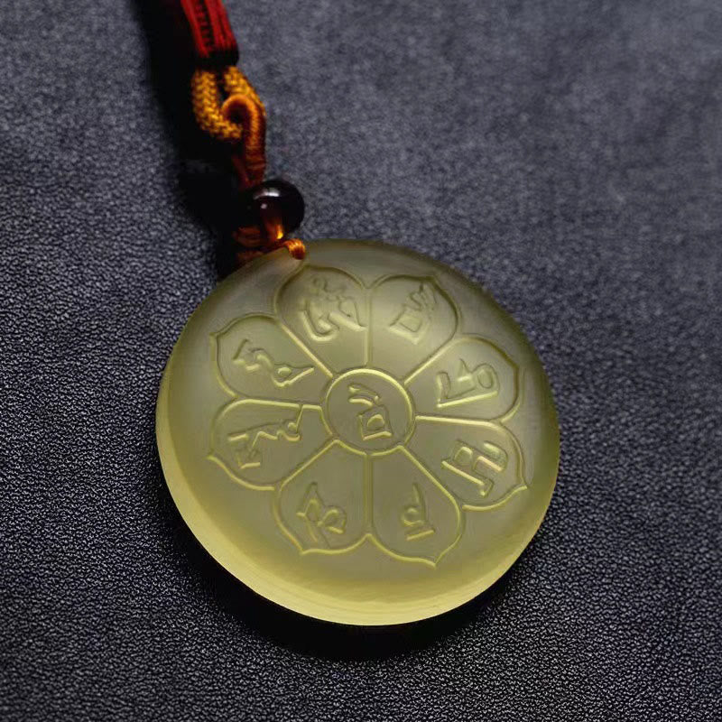 Buddha Stones Liuli Crystal Wealth God Mantra Abundance Eight-petal Shape Necklace Pendant