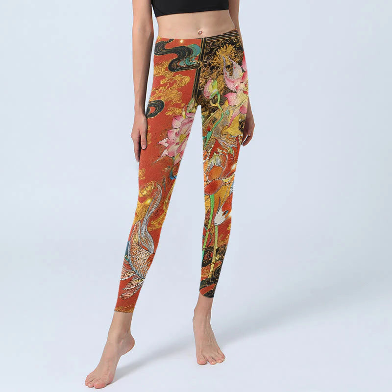 Buddha Stones Koi Fish Lotus Cloud Pattern Print Gym Leggings Women's Yoga Pants