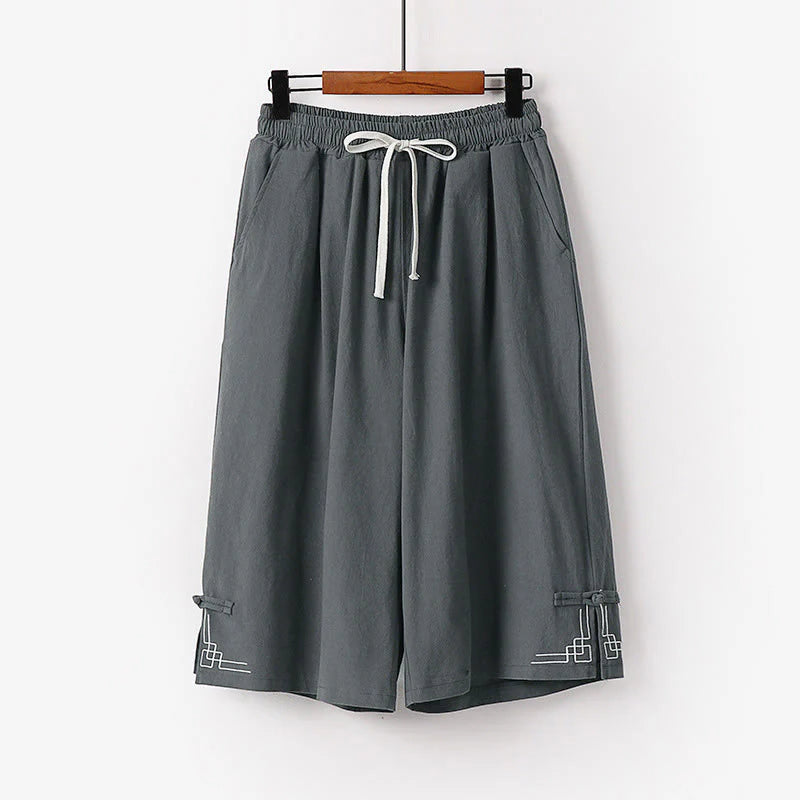 Buddha Stones Plain Drawstring Design Men's Capri Cropped Cotton Linen Wide Leg Pants With Pockets