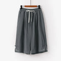 Buddha Stones Plain Drawstring Design Men's Capri Cropped Cotton Linen Wide Leg Pants With Pockets