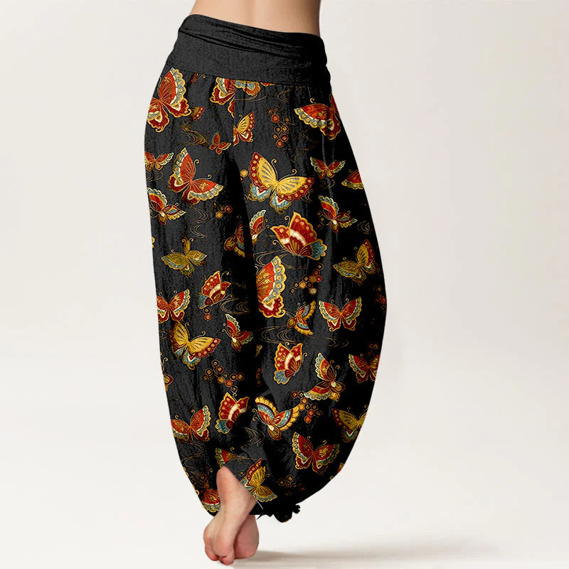 Buddha Stones Cotton Colorful Butterfly Pattern Women's Elastic Waist Harem Pants