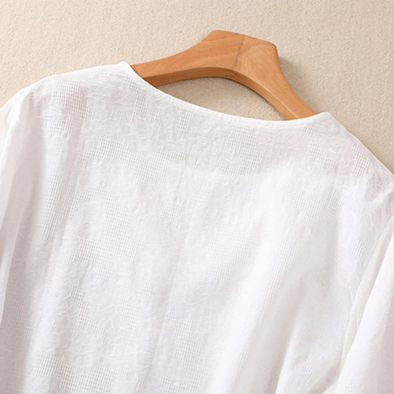 Buddha Stones Jacquard Irregular Hem Pleated Design Women's Cotton Long Sleeve Shirt