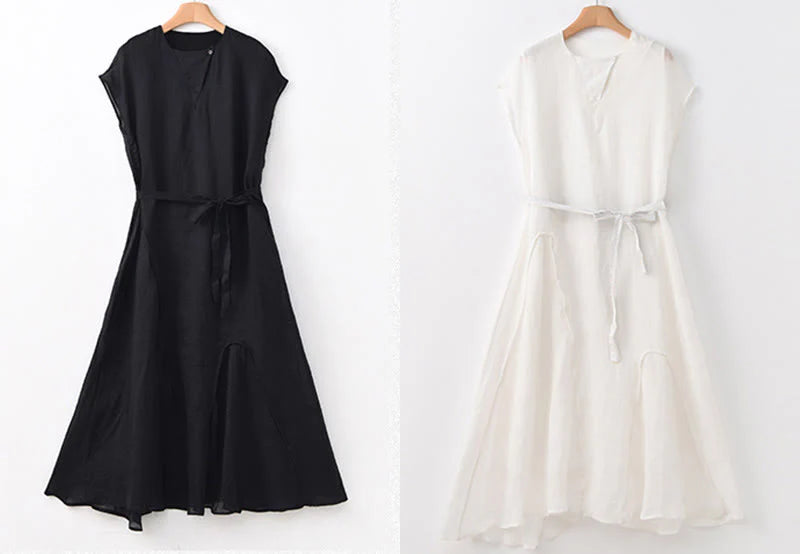 Buddha Stones Plain Irregular Hem Short Sleeve Cotton Linen Maxi Dress
