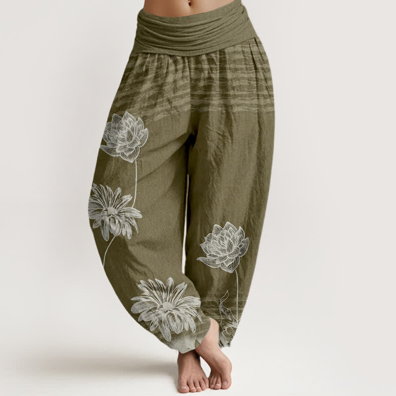 Buddha Stones Lotus High Waist Design Women's Harem Cotton Pants