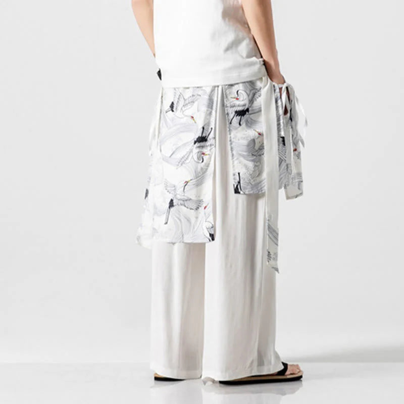 Buddha Stones Summer Flying Crane Design Cotton Men's Wide Leg Pants With Pockets