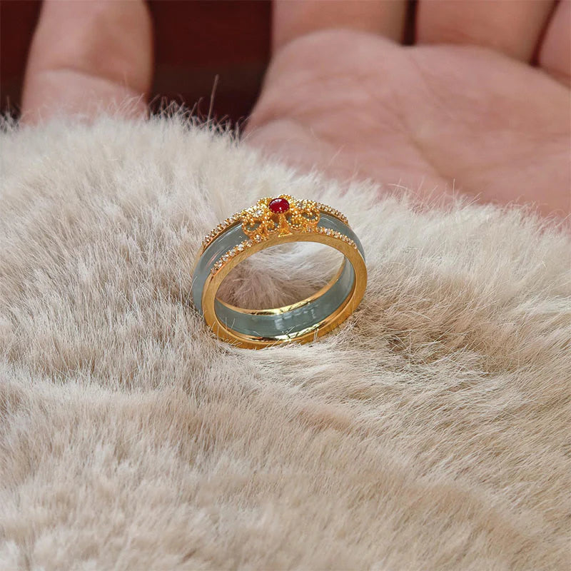 Buddha Stones Gold-Plated Copper Glass Flower Wealth Ring