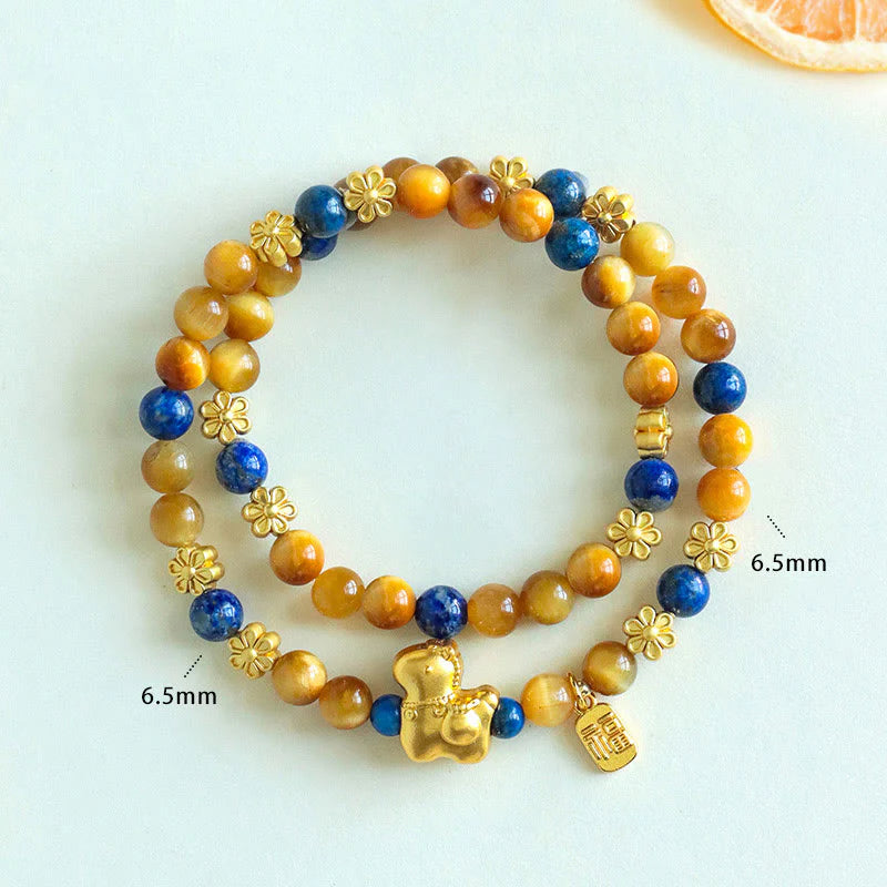 Buddha Stones Year Of The Horse Fu Character Lazurite Lapis Lazuli Tiger Eye Serenity Double Wrap Bracelet