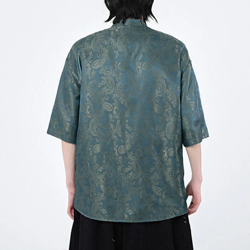 Buddha Stones Summer Frog-Button Half Sleeve Vine Leaf Flower Pattern Men's Shirt