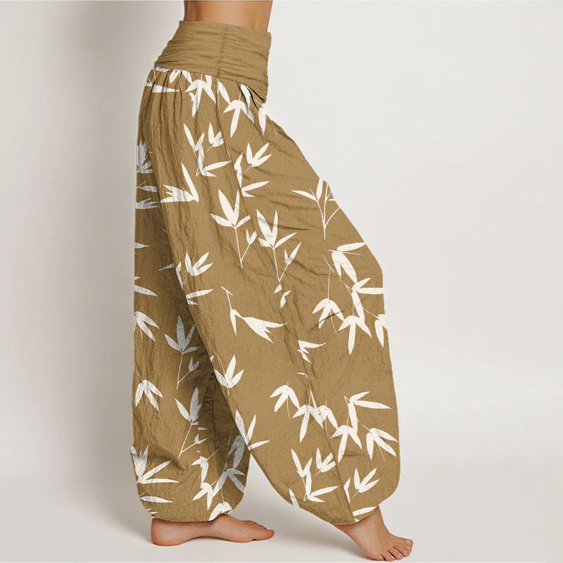 Buddha Stones Pure Cotton Simple Elegant Bamboo Leaf Pattern Women's Elastic Waist Harem Pants