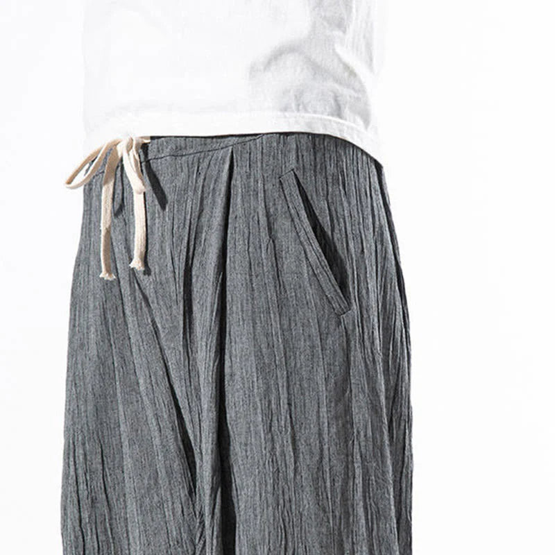 Buddha Stones Casual Plain Pleated Design Drawstring Men's Long Cotton Linen Harem Pants With Pockets
