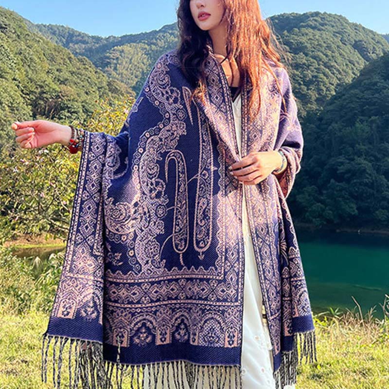 Buddha Stones Jacquard Ethnic Paisley Plants Pattern Tassel Soft Thermal Scarf Shawl