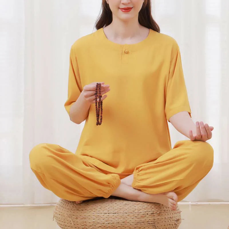 Buddha Stones 2pcs Plain Color Frog-Button Simple Design Crew Neck Design Half Sleeve Shirt Top Elastic Waist Pants Meditation Zen Tai Chi Cotton Clothing Women's Set