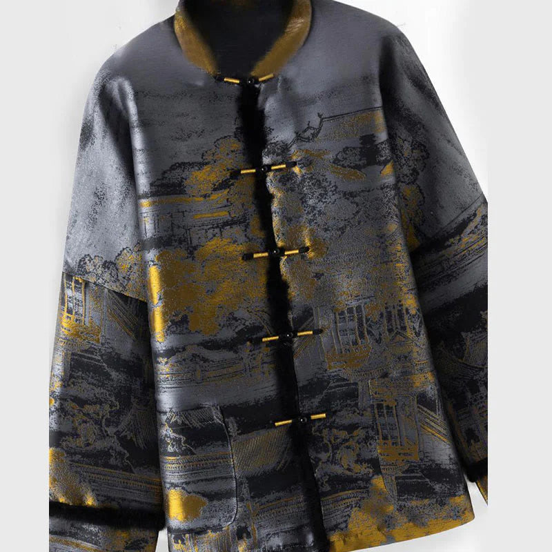 Buddha Stones Ancient Buildings Trees Frog-Button Long Sleeve Men's Jacket With Pockets