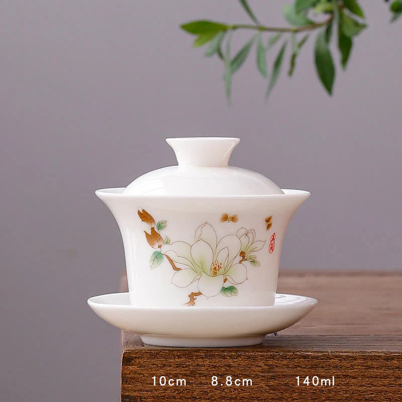 Buddha Stones White Porcelain Mountain Landscape Countryside Ceramic Gaiwan Teacup Kung Fu Tea Cup And Saucer With Lid