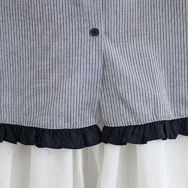 Buddha Stones Fall Plaid Striped Pattern Ruffled Hem Buttons Women's Cotton Long Sleeve Shirt