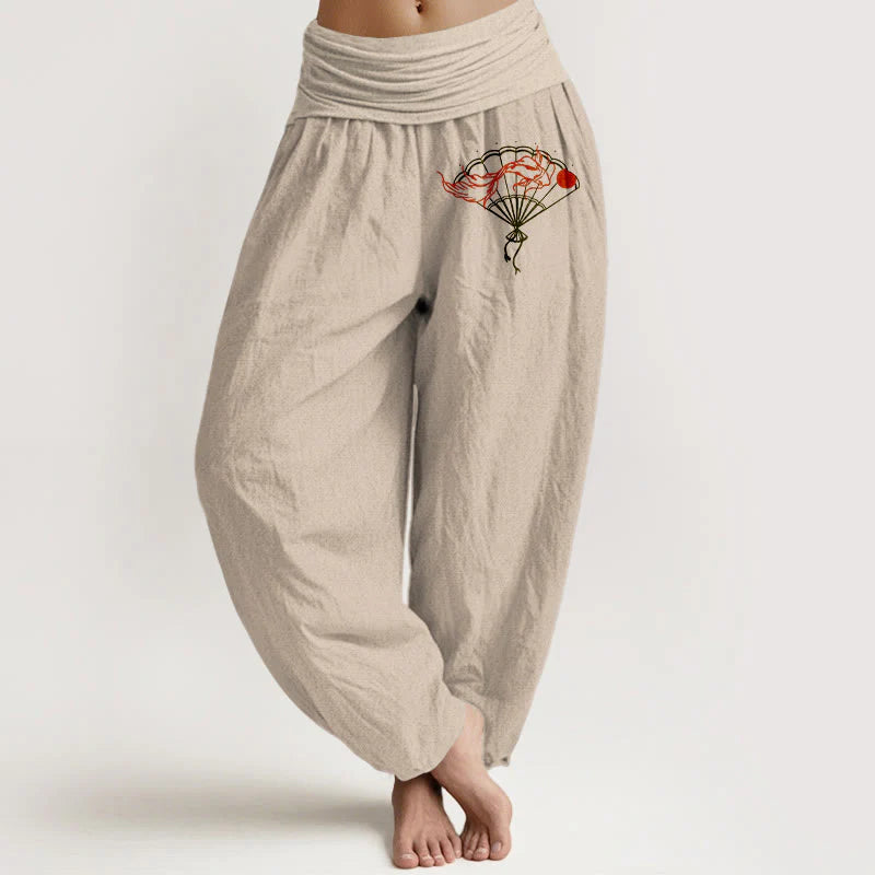 Buddha Stones Fan Red Fish Pattern Women's Elastic Waist Harem Pure Cotton Pants