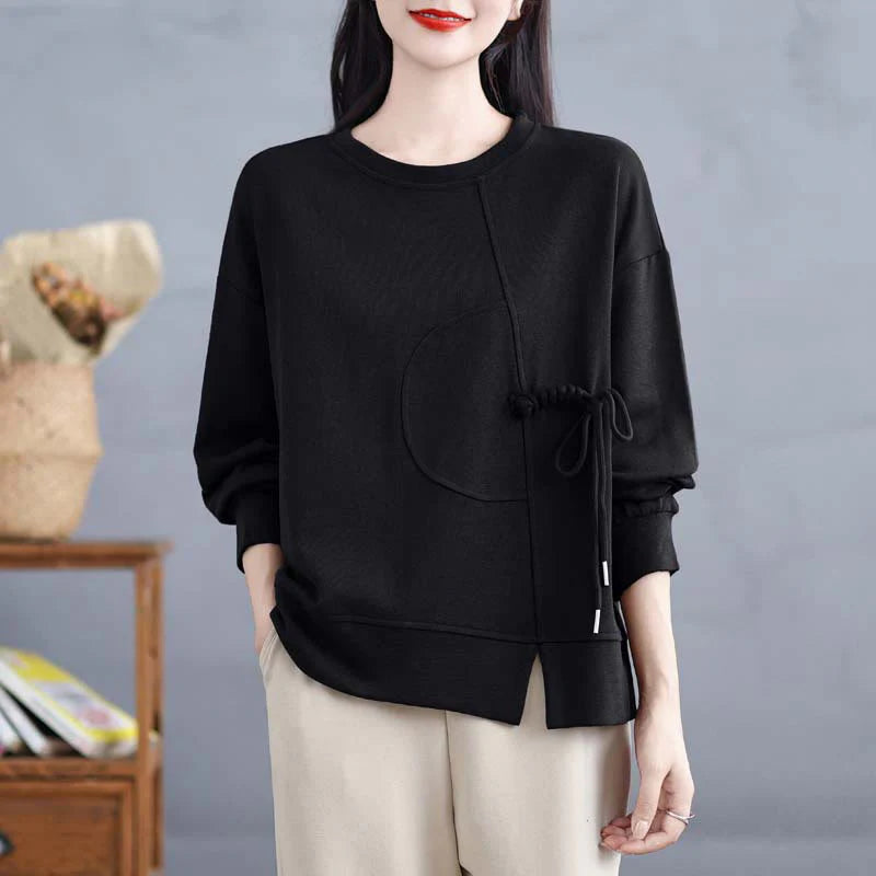 Buddha Stones Plain Frog-button Design Crew Neck Cotton Women's Long Sleeve Sweatshirt
