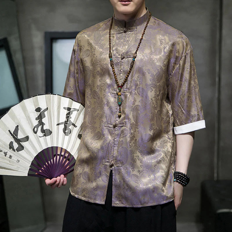 Buddha Stones Summer Cashew Flowers Pattern Men's Frog-Button Half Sleeve Shirts