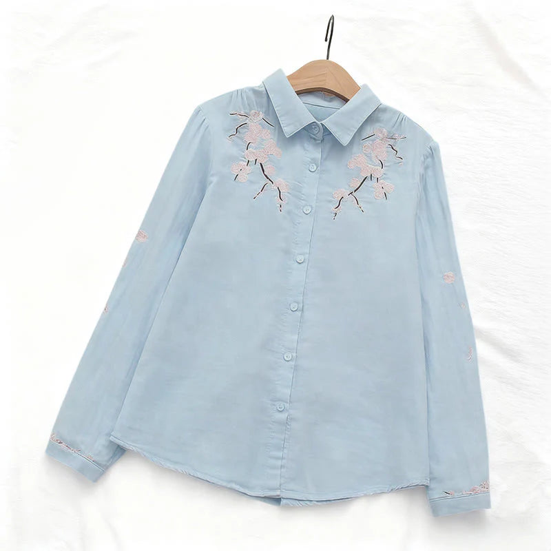 Buddha Stones Fall Pink Plum Blossoms Embroidery Buttons Women's Cotton Long Sleeve Shirt