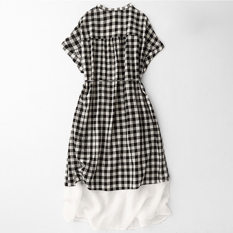 Buddha Stones Spring Gingham Knee Length Women's Short Sleeve Dress With Tie Waist Chiffon Hem