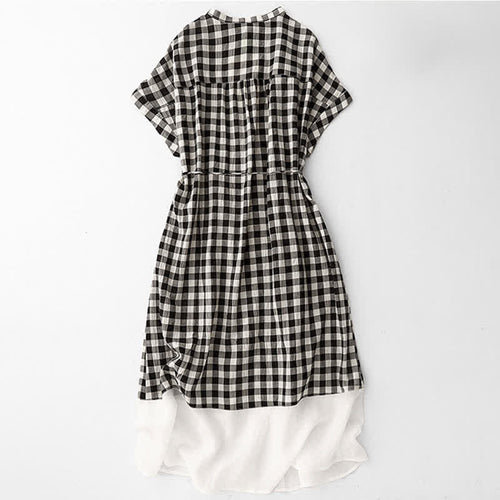 Buddha Stones Spring Gingham Knee Length Women's Short Sleeve Dress With Tie Waist Chiffon Hem