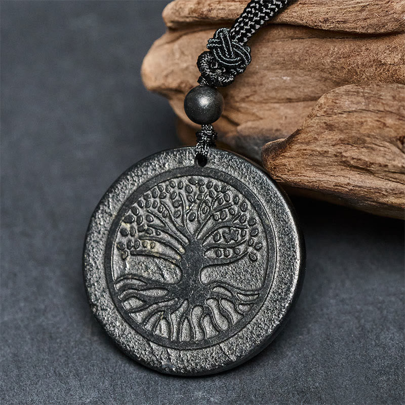 Buddha Stones The Tree of Life Carving Pattern Authentic Shungite Stone Protection Necklace Pendant