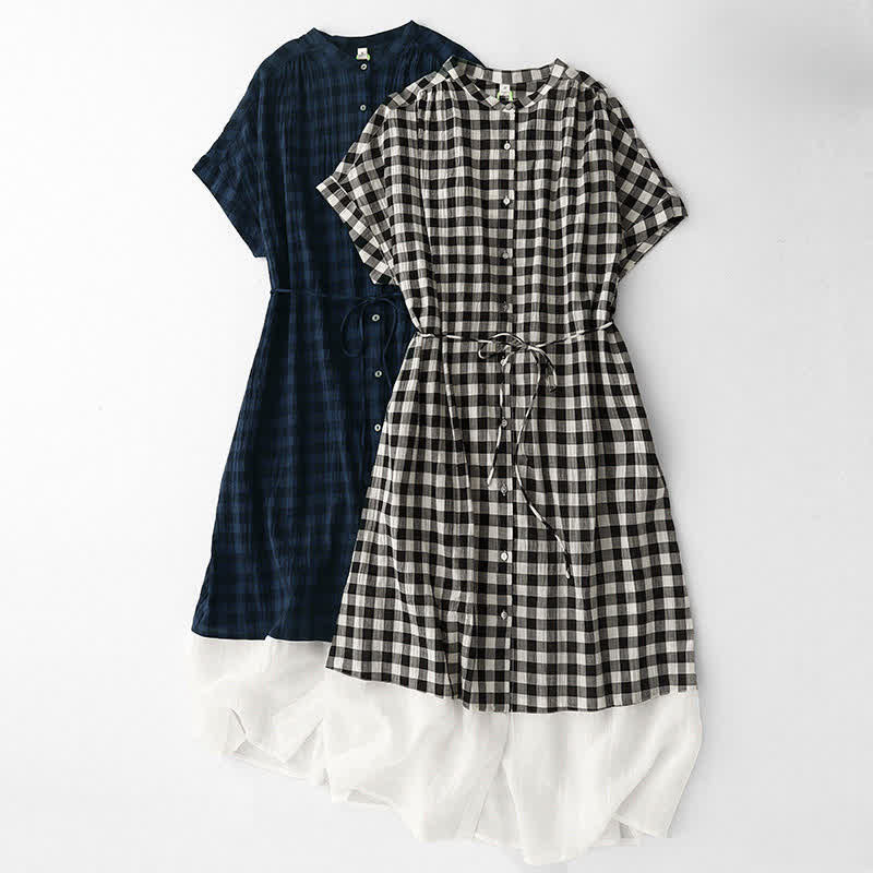 Buddha Stones Spring Gingham Knee Length Women's Short Sleeve Dress With Tie Waist Chiffon Hem