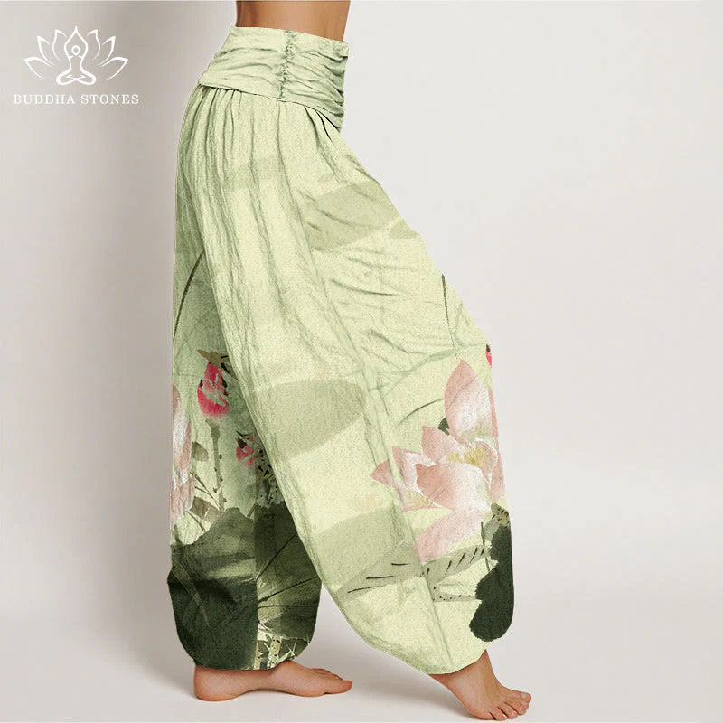 Buddha Stones Cotton Pink Lotus Leaves Bird Pattern Women's Elastic Waist Harem Pants