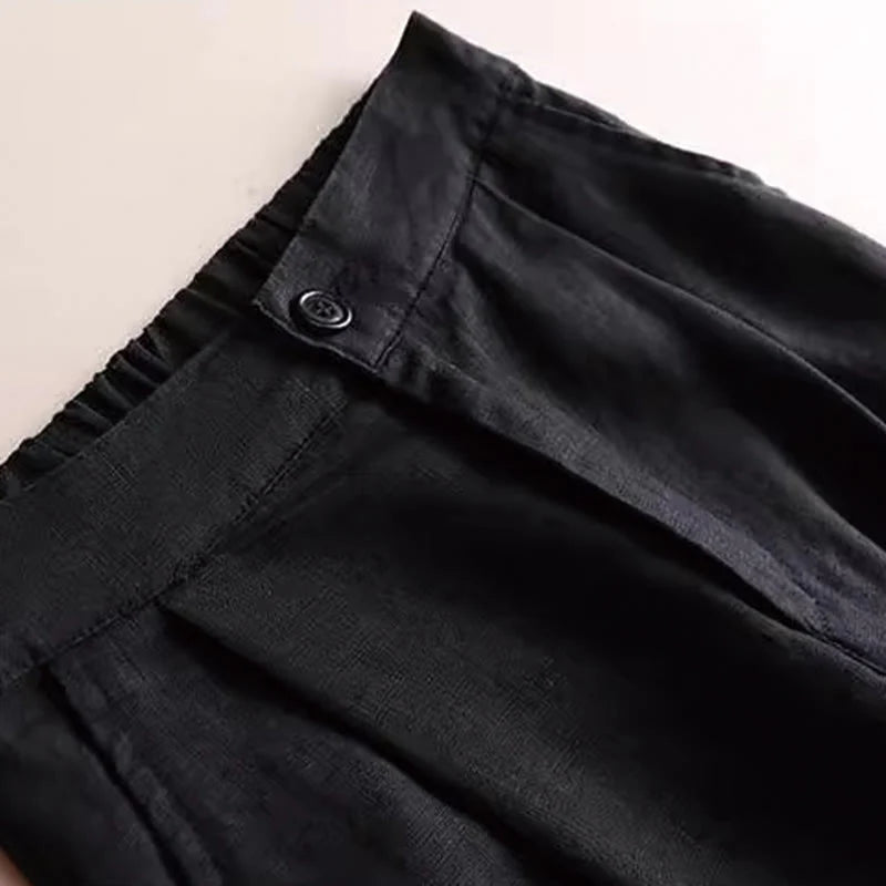 Buddha Stones Commute Solid Color 7-8 Length Cotton Linen Women's Wide Leg Pants With Pockets