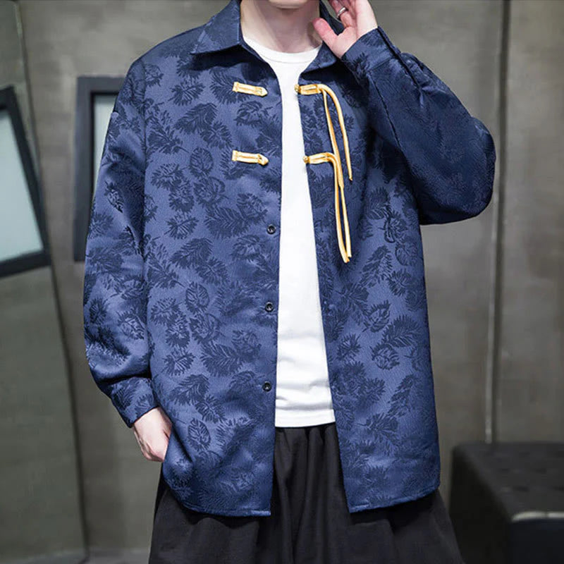 Buddha Stones Frog-Button Leaves Pattern Long Sleeve Men's Tang Suit Jacket