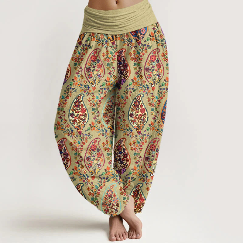 Buddha Stones Cotton Brightly Colored Retro Flowers Leaves Pattern Women's Elastic Waist Harem Pants