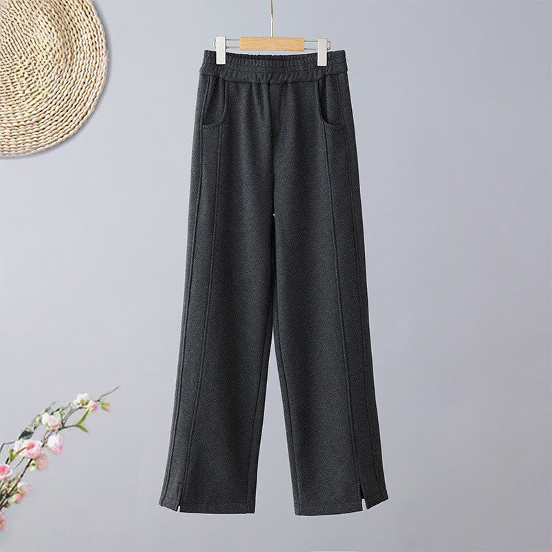 Buddha Stones Plain Color Blocking Cotton Thick Casual Women's Pants With Pockets