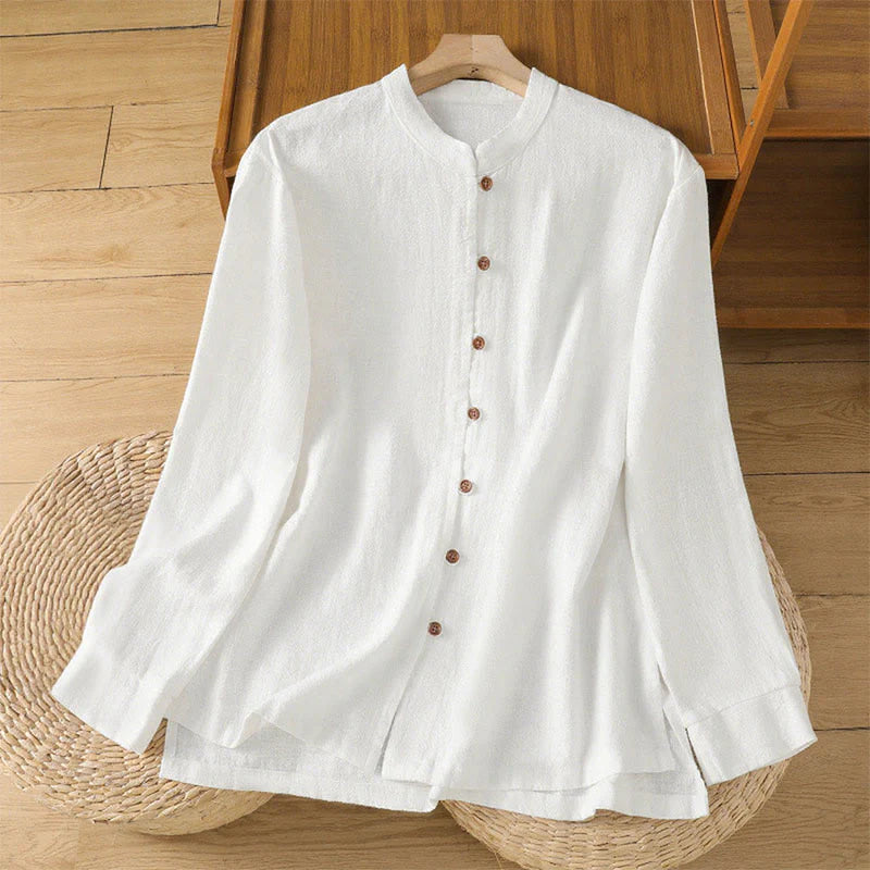Buddha Stones Spring Solid Color Simple Hem Slit Design Cotton Linen Women's Shirt