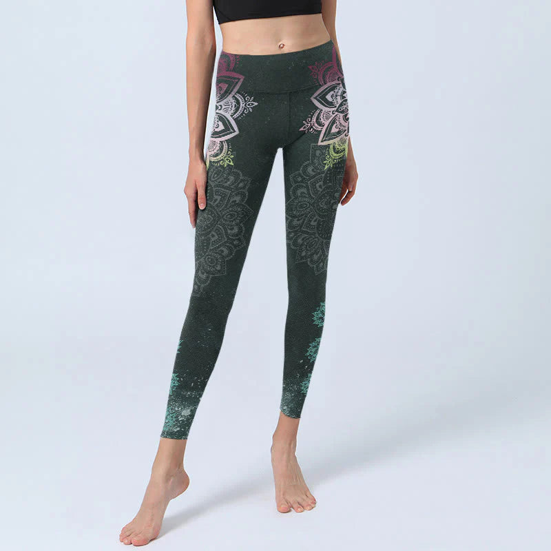 Buddha Stones Symmetry Mandalas Lotus Flowers Pattern Print Gym Leggings Women's Yoga Pants
