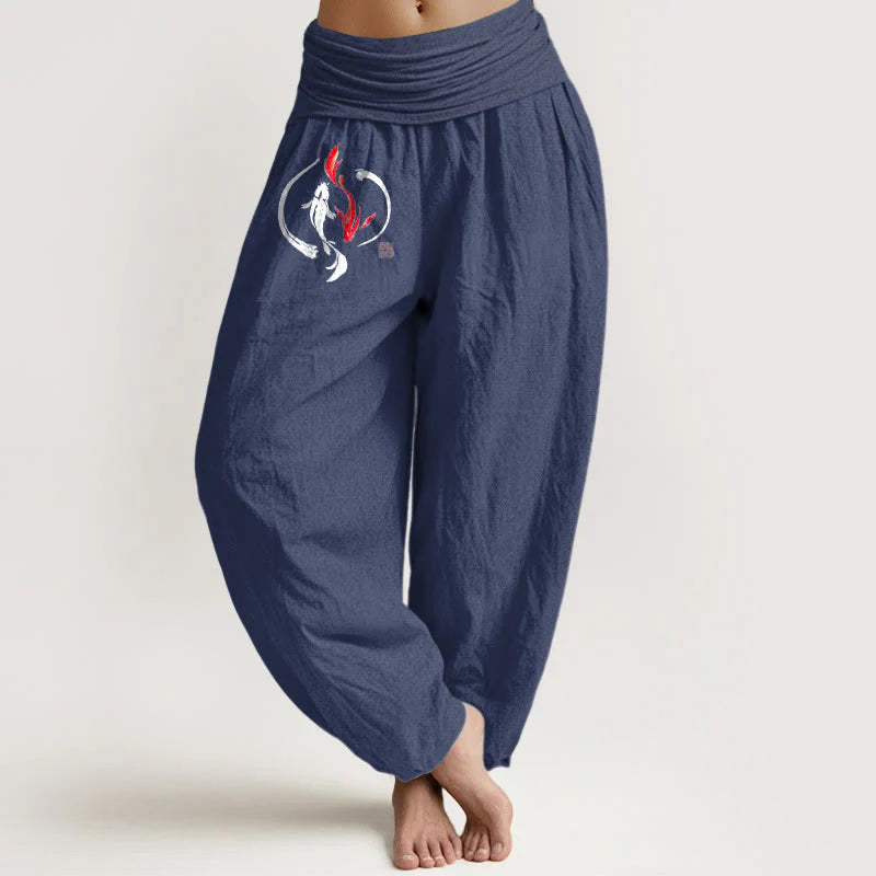 Buddha Stones Yin Yang Koi Fish Design Women's Elastic Waist Harem Pure Cotton Pants