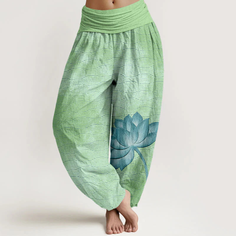 Buddha Stones Cotton Light Color Lotus Wavy Lines Pattern Women's Elastic Waist Harem Pants