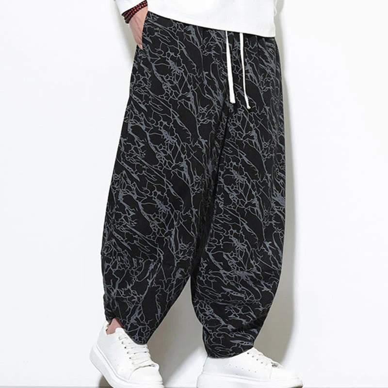 Buddha Stones Fall Textured Lines Print Cotton Elastic Waist Ankle-Length Men's Harem Pants With Pockets