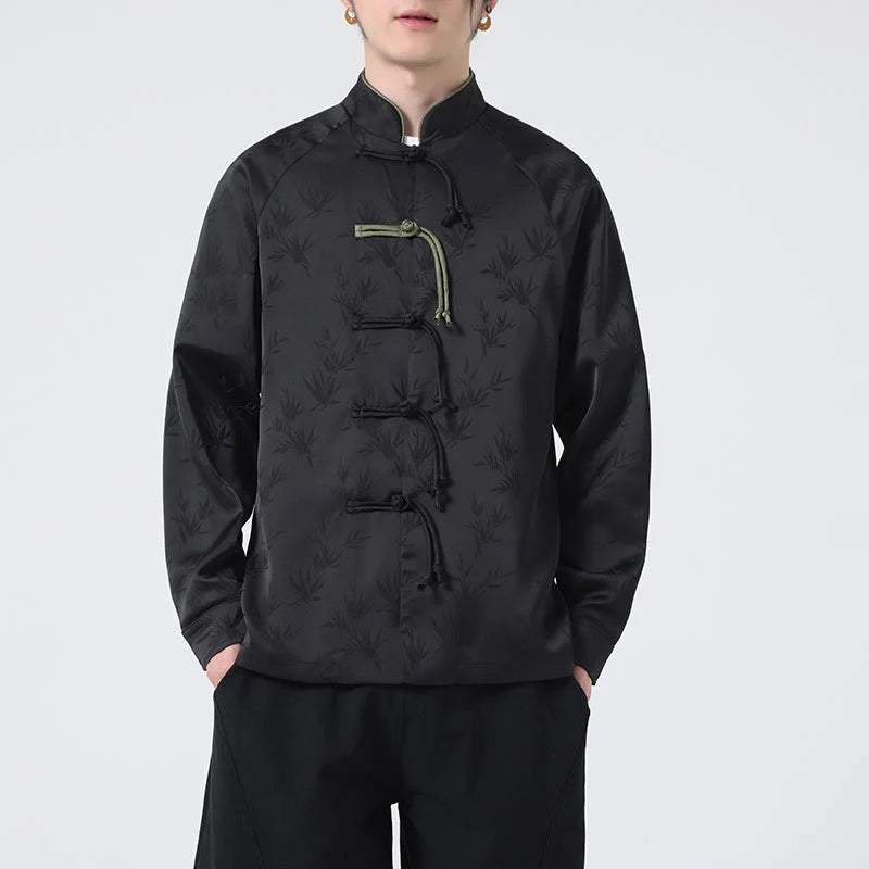 Buddha Stones Spring Jacquard Bamboo Leaves Pattern Chinese Frog-Button Design Men's Long Sleeve Shirt