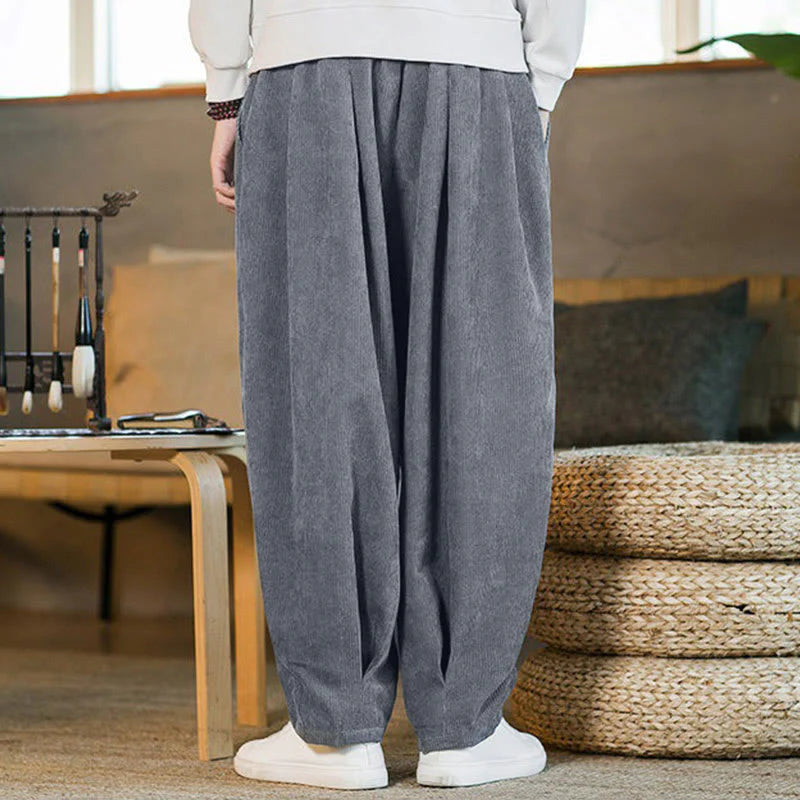 Buddha Stones Retro Men's Plain Fleece-Lined Corduroy Simple Design Harem Pants With Pockets