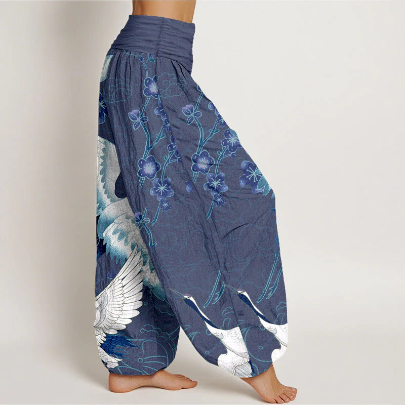 Buddha Stones Pure Cotton Cranes Flowers Clouds Patterns Women's Elastic Waist Harem Pants