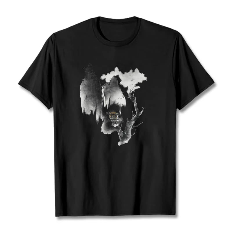 Buddha Stones Pavilion Tree Geese Around The Mountains Pattern Tee T-shirt