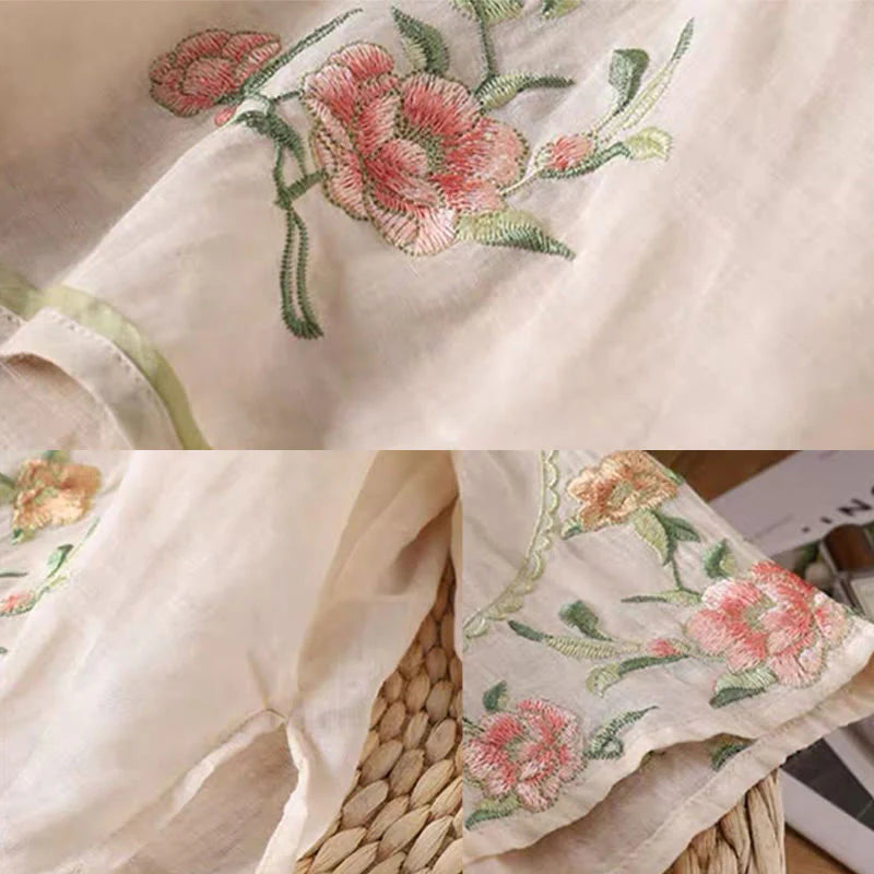 Buddha Stones Casual Vintage Embroidery Flower Pattern Chinese Frog-Button Crew Neck Design Women's Cotton Linen Shirt