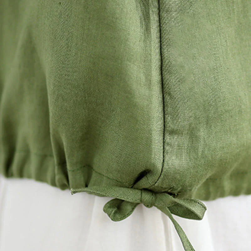 Buddha Stones Summer Ruffled Design Drawstring Crew Neck Cotton Linen Women's Sleeveless Vest