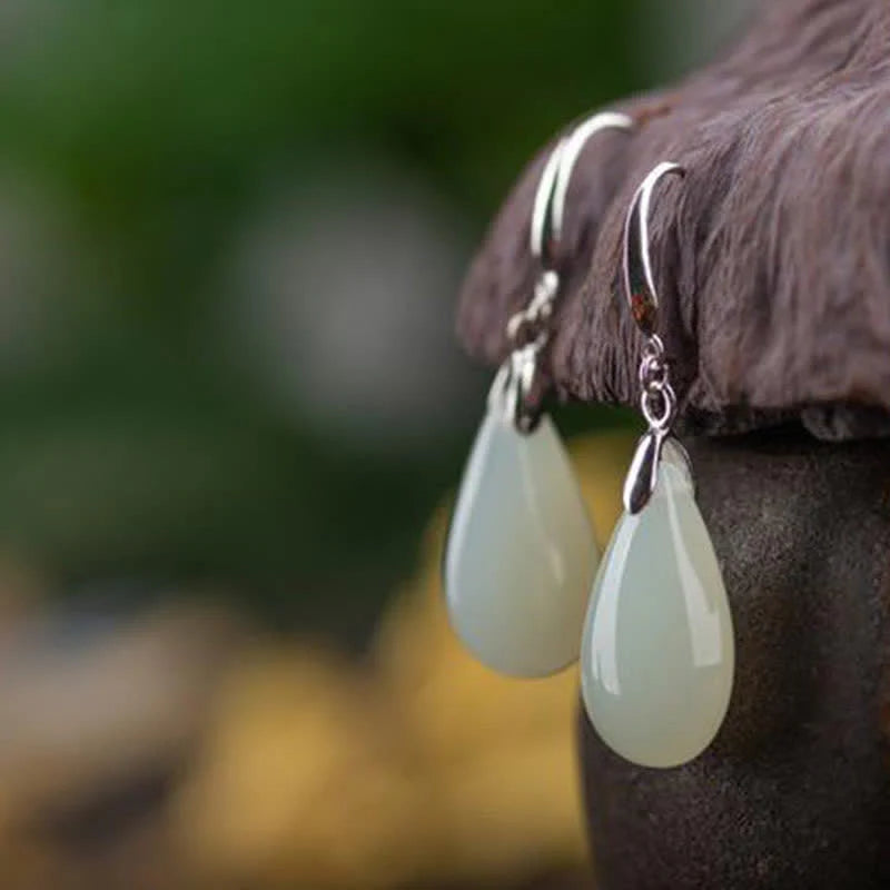 Buddha Stones Hetian White Jade Water Drop Luck Blessing Dangle Earrings (Extra 30% Off | USE CODE: FS30)