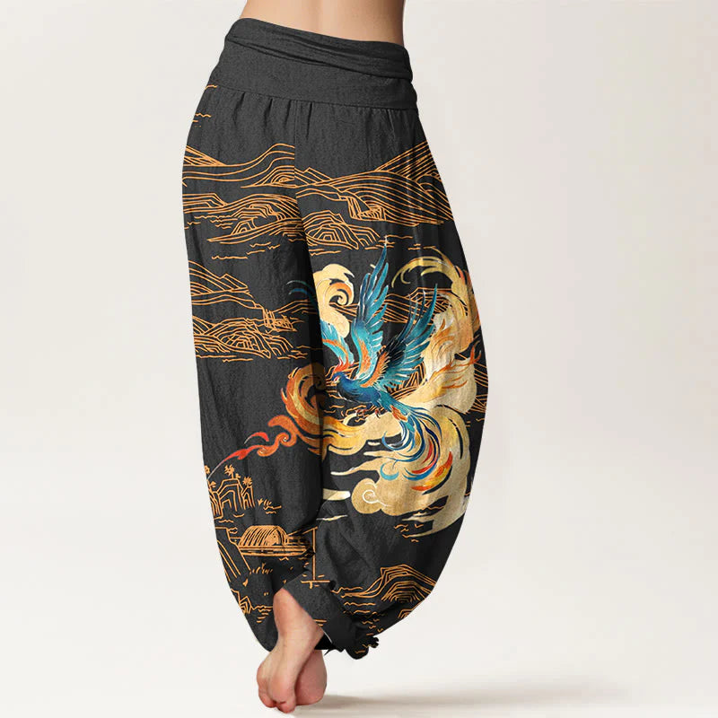 Buddha Stones Phoenix Mountains Landscape Pattern Women's Elastic Waist Harem Pure Cotton Pants