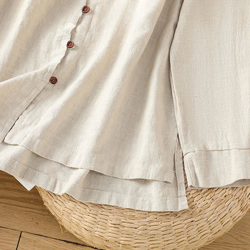 Buddha Stones Spring Solid Color Simple Hem Slit Design Cotton Linen Women's Shirt