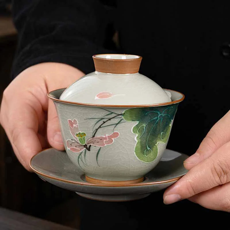 Buddha Stones Lotus Koi Fish Pod Leaf Ceramic Gaiwan Sancai Teacup Kung Fu Tea Cup And Saucer With Lid 140ml