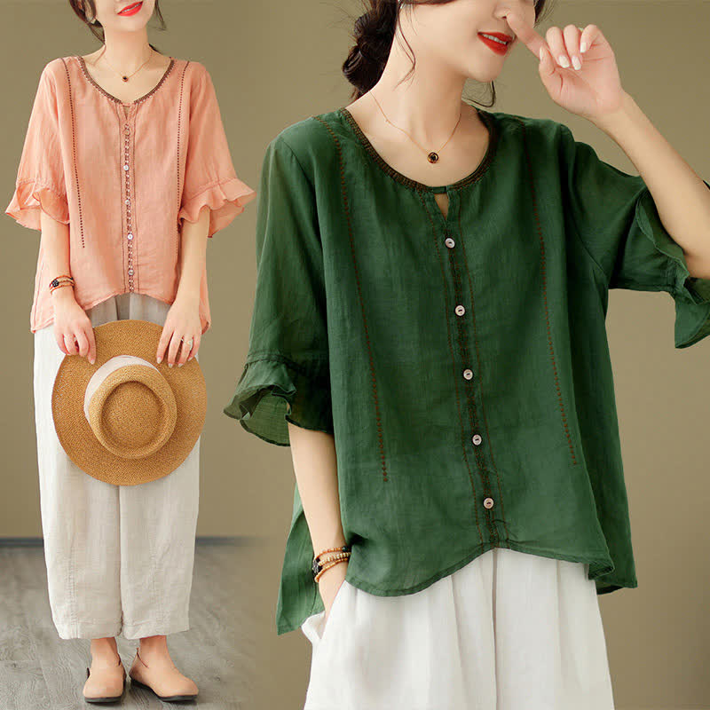Buddha Stones Embroidery Buttons Crew Neck Flared Short Sleeve Women's Shirt