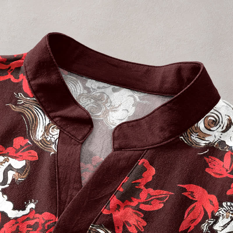 Buddha Stones Cotton Red Floral Cloud Print Henley Men's Short Sleeve Half Button Shirt